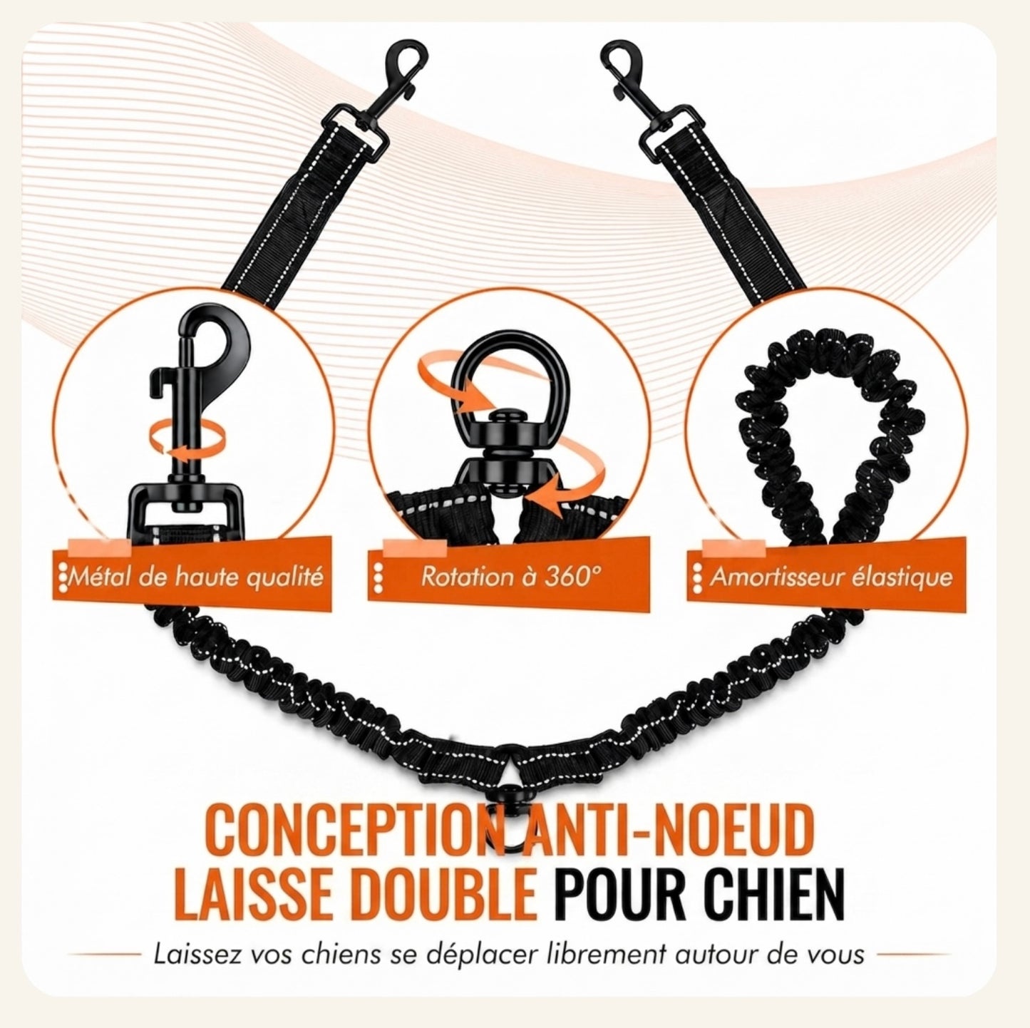 Illustration technique mettant en avant la conception anti-nœuds et la rotation de la laisse double Dog Rider