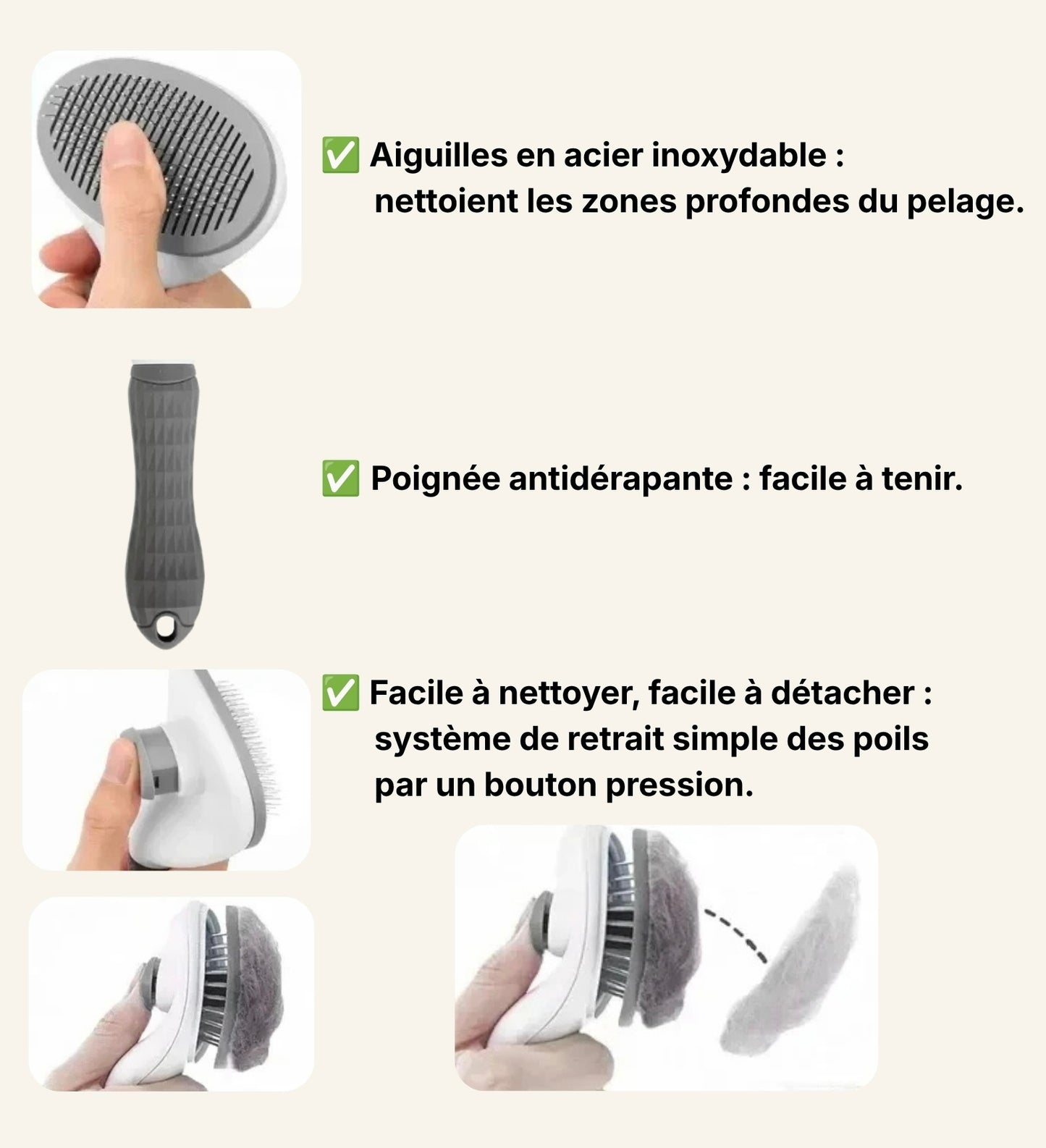 Schéma explicatif du mécanisme d'éjection rapide de la brosse Dog Rider.