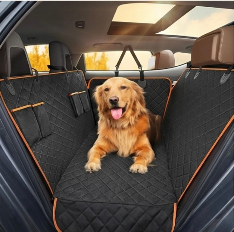 Un chien confortablement installé en toute sécurité sur le siège arrière d'une voiture avec un équipement de protection.