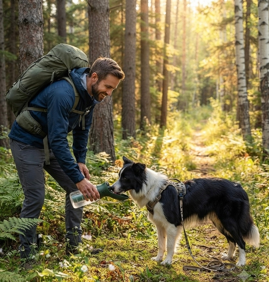 Un propriétaire donne à boire à son chien en forêt pour l'hydrater pendant une journée de forte chaleur.
