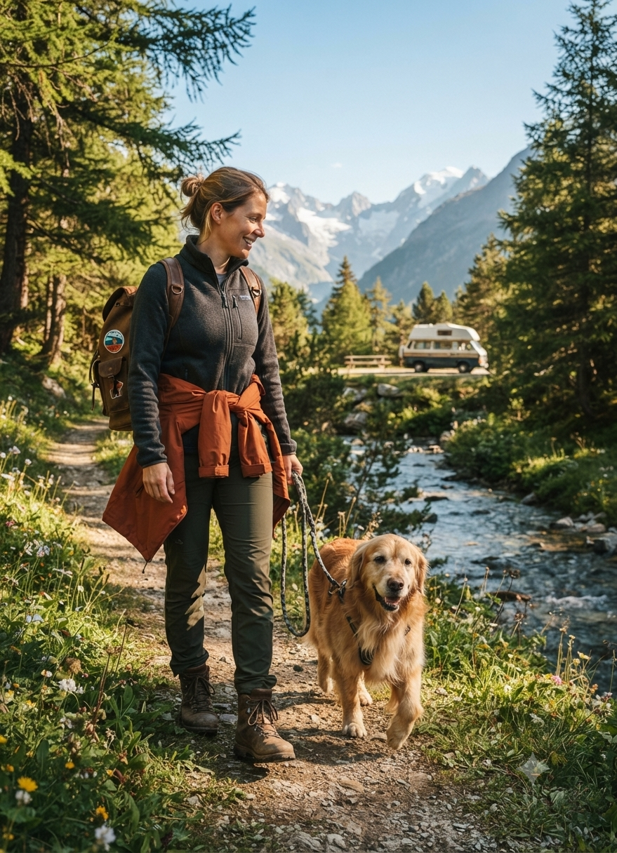 Un propriétaire de chien marche avec son chien dans un paysage de montagne, prêt pour un roadtrip avec des accessoires de voyage.⁠