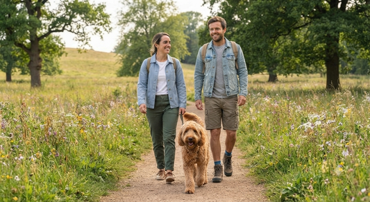 Un couple marchant sur un sentier en montagne avec son chien en pleine complicité dans la nature.⁠