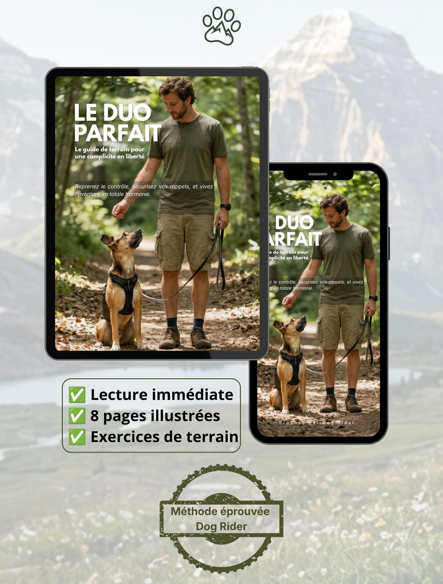 Le guide numérique d'éducation canine Le Duo Parfait affiché sur un smartphone et une tablette pour une lecture facile.