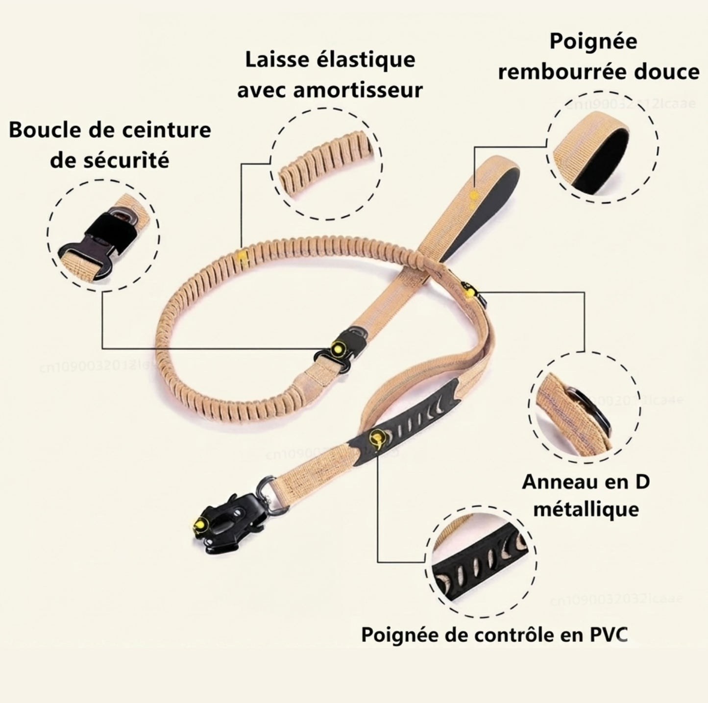Schéma des fonctionnalités de la laisse tactique Dog Rider : poignées confort et absorption des chocs.
