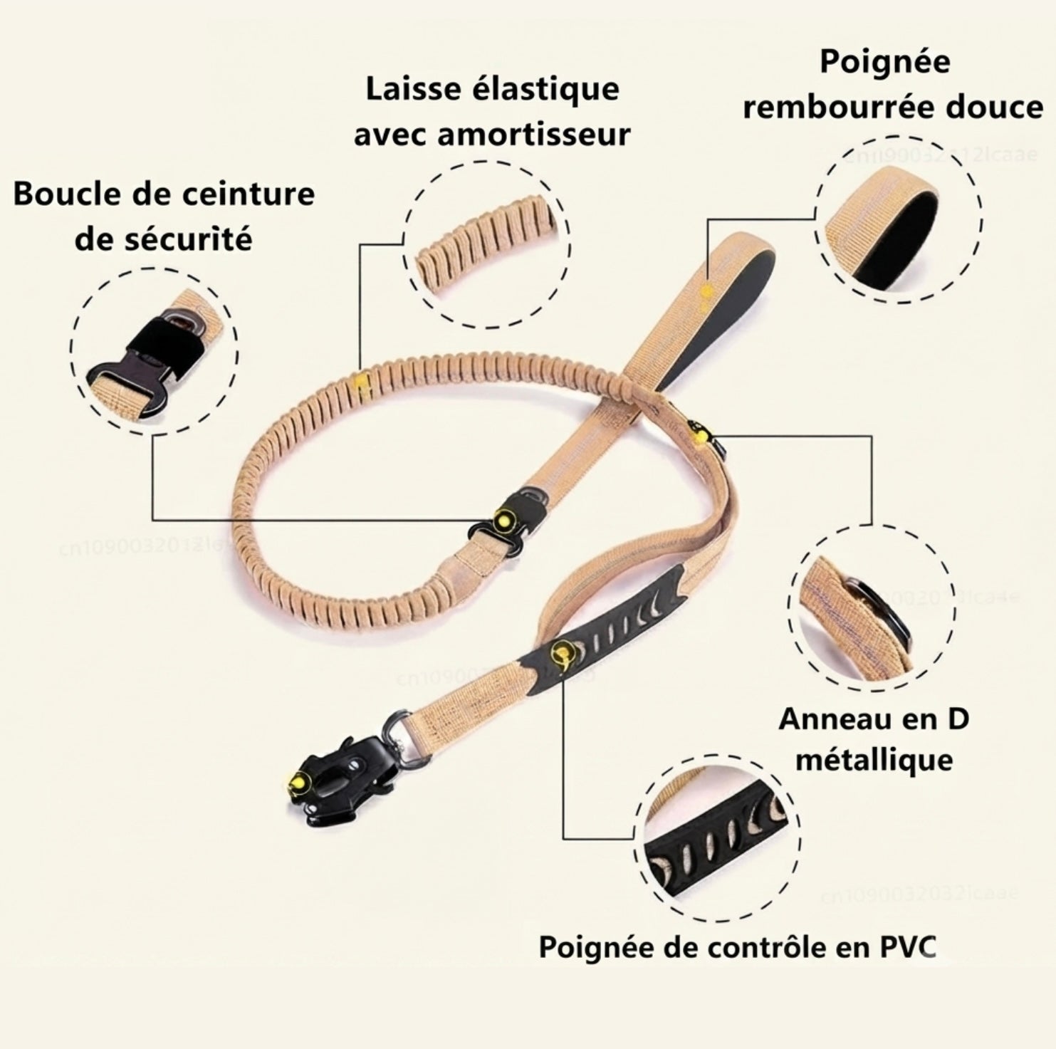Schéma des fonctionnalités de la laisse tactique Dog Rider : poignées confort et absorption des chocs.
