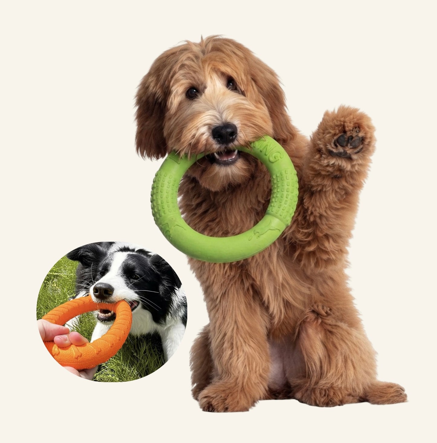 Un chien tenant dans sa gueule un anneau de traction Dog Rider, parfait pour les séances de jeu interactif.