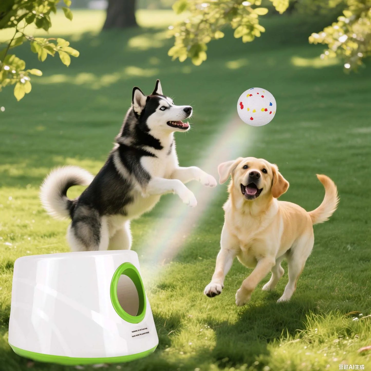 Chien actif jouant joyeusement avec le lanceur de balle automatique Dog Rider au jardin.