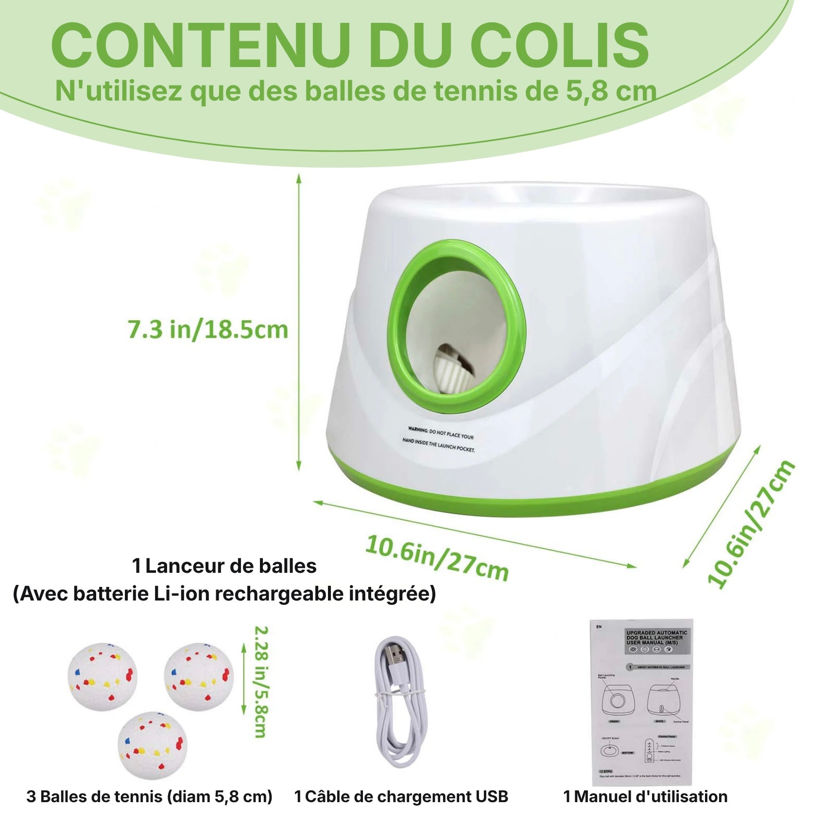 Contenu du colis du lanceur de balle automatique : 3 balles de tennis, câble USB et manuel.