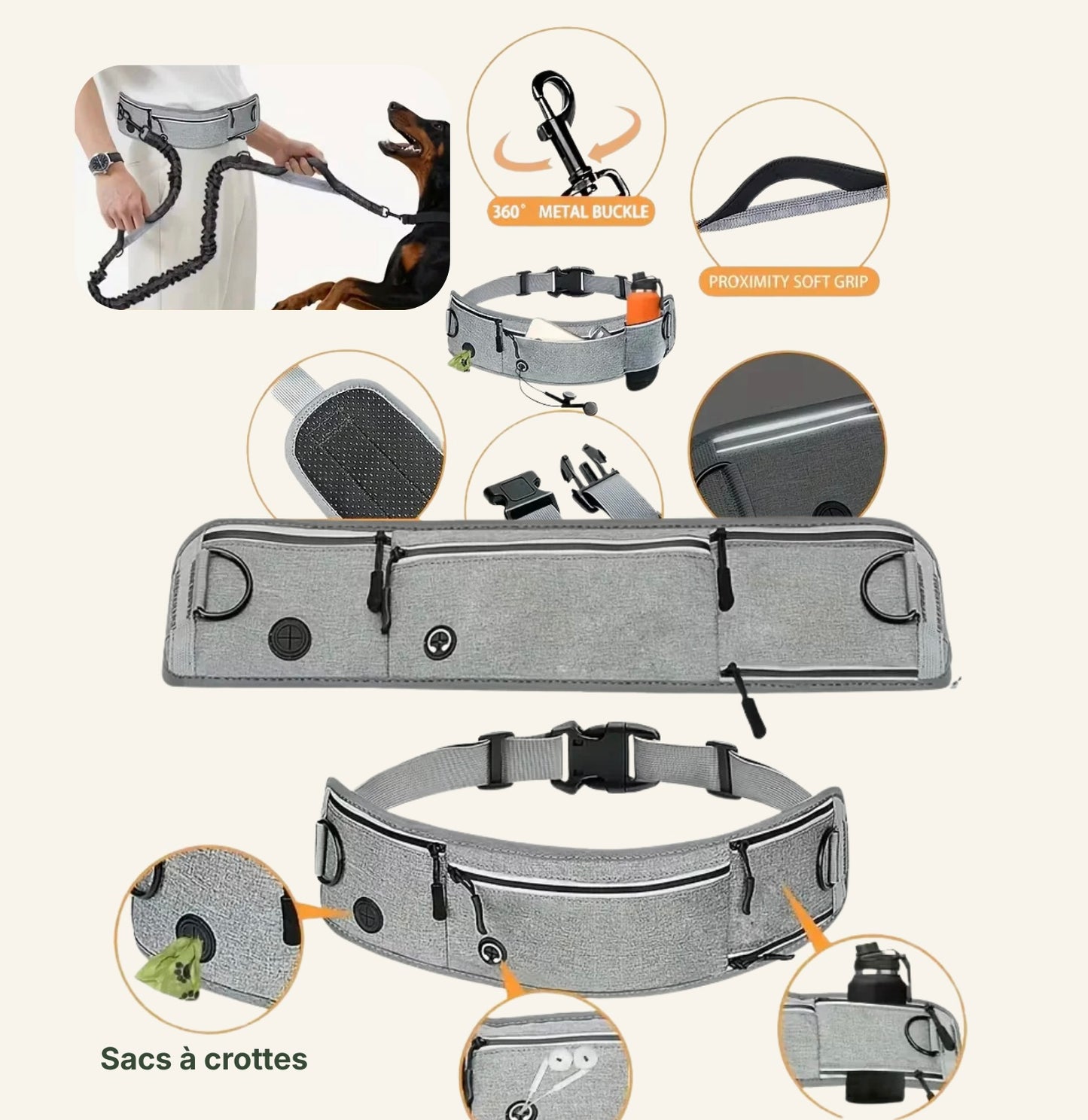 Schéma des caractéristiques techniques de la ceinture de jogging mains libres Dog Rider