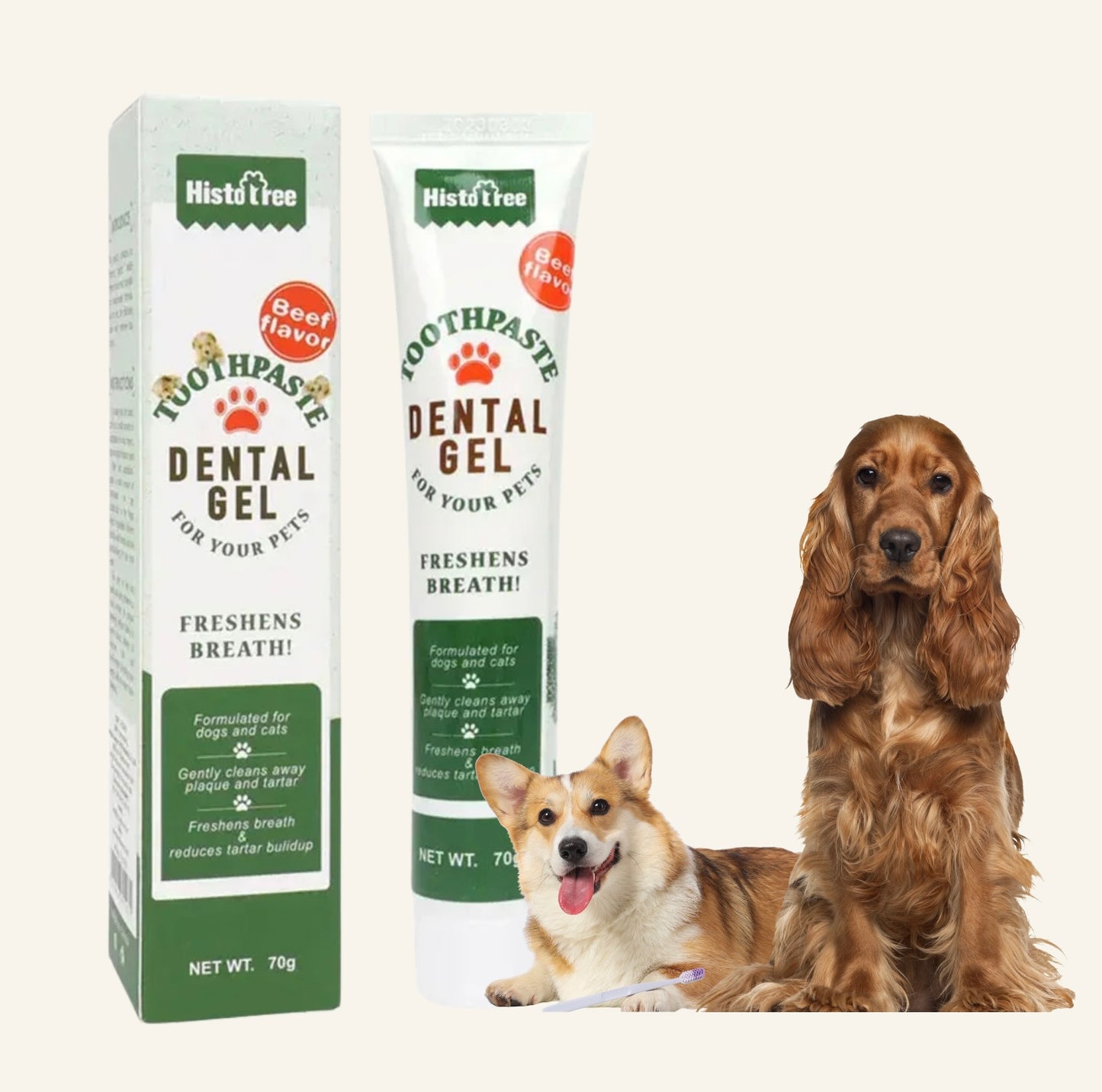 Tube de dentifrice Dog Rider avec un chien et un chat, idéal pour l'hygiène bucco-dentaire des animaux.