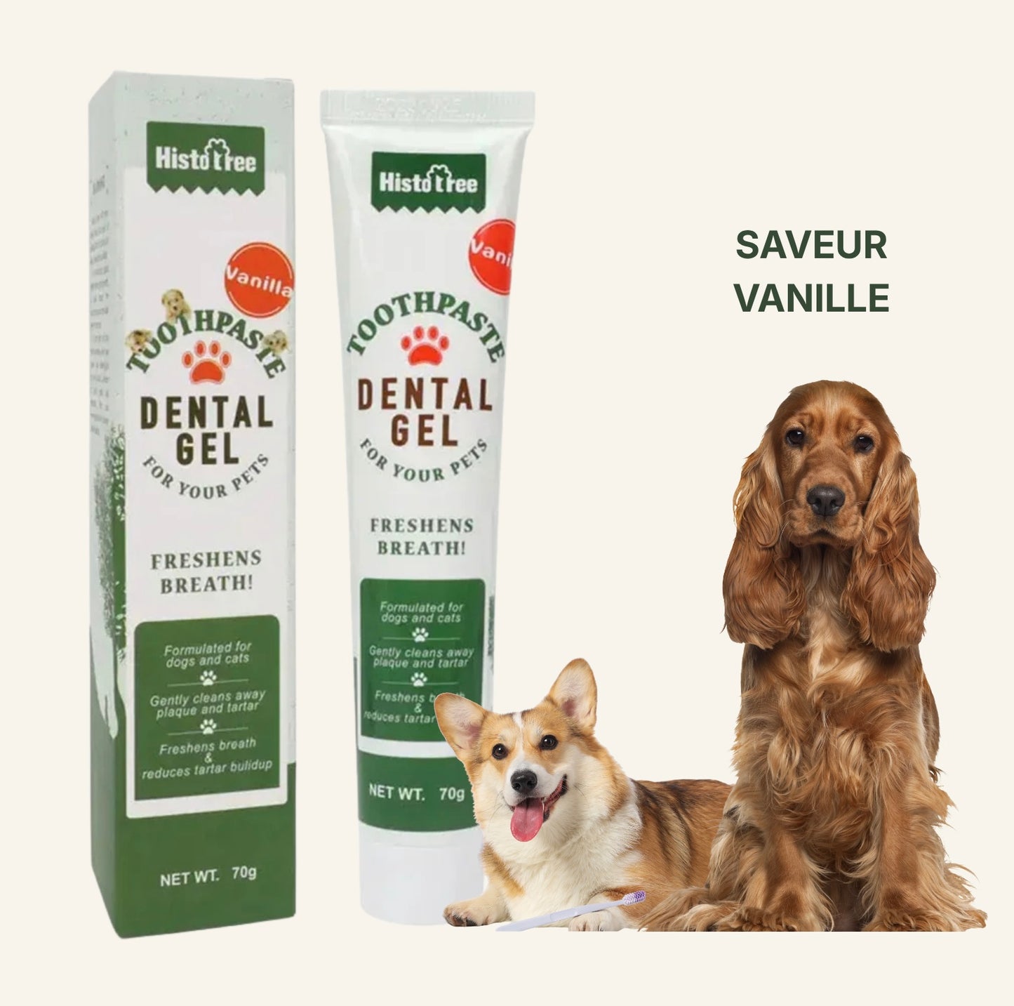 Packaging du dentifrice Dog Rider saveur vanille pour une haleine fraîche et un entretien dentaire quotidien.