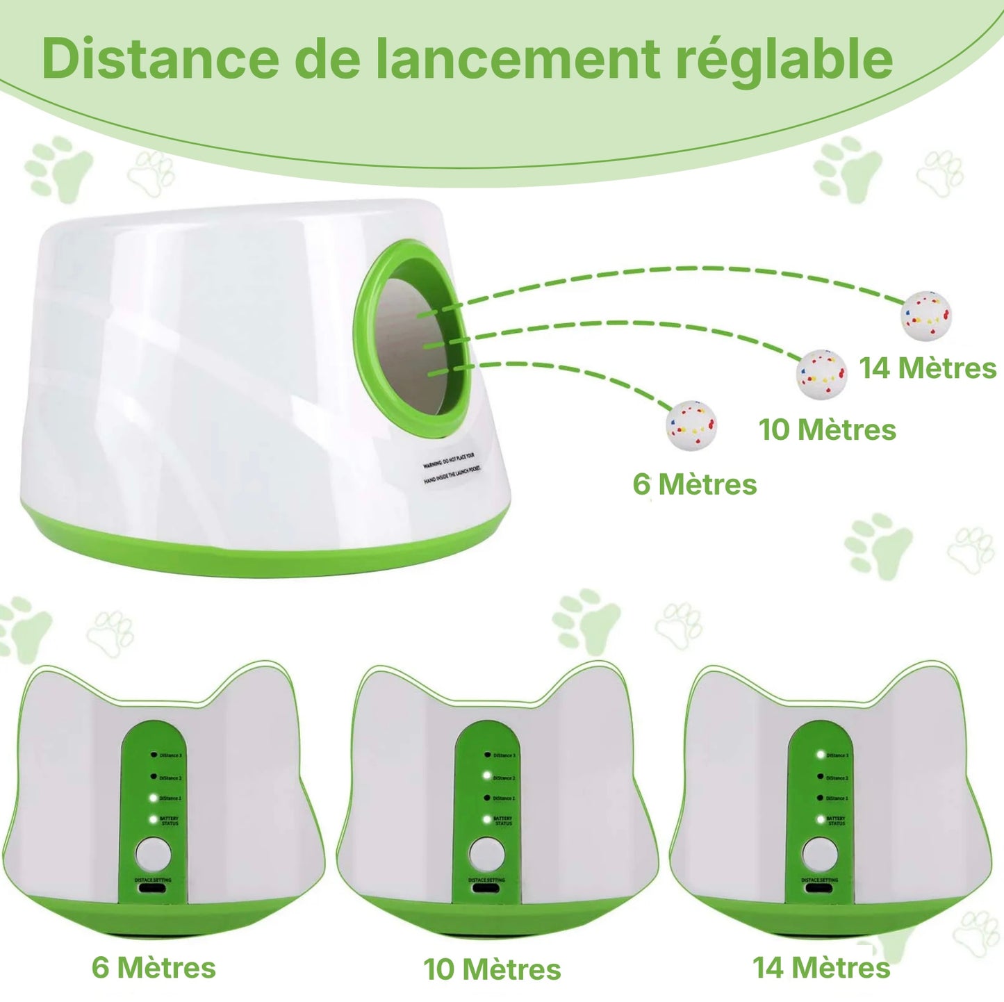 Lanceur de balle automatique avec 3 réglages de distance de tir (5m, 10m, 14m) pour chien.