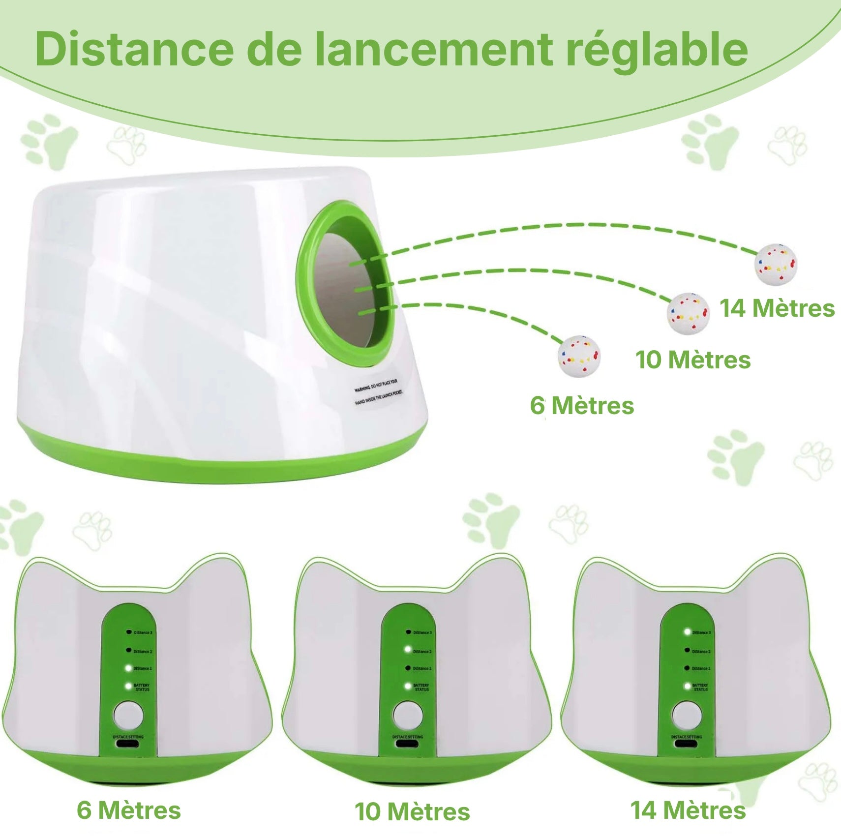 Lanceur de balle automatique avec 3 réglages de distance de tir (5m, 10m, 14m) pour chien.