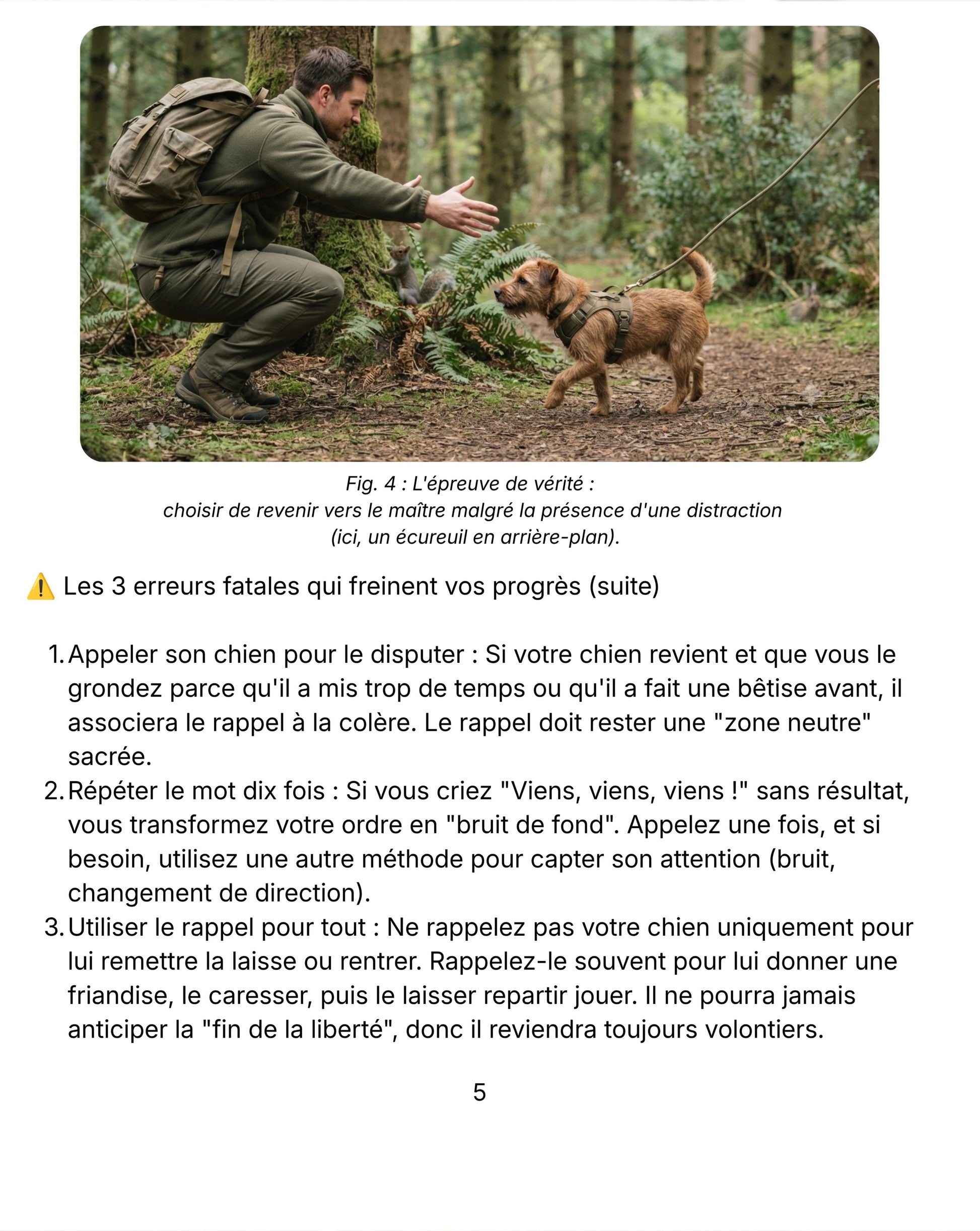 Page intérieure du guide Le Duo Parfait montrant des conseils d'éducation canine en forêt avec un chien et son maître.