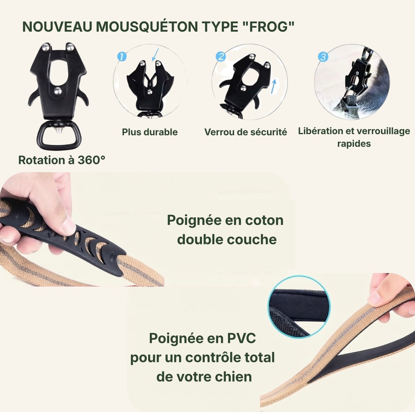 Détail technique des poignées et matériaux de la laisse tactique Dog Rider.