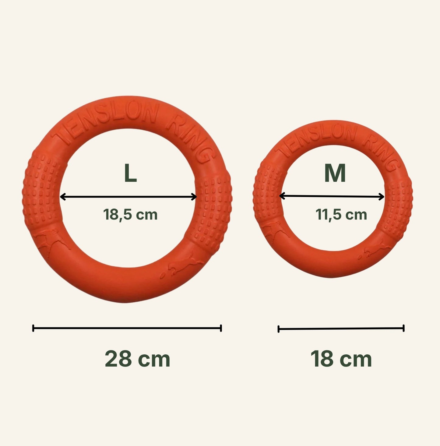 Schéma illustrant les dimensions (18 cm et 28 cm) des anneaux de traction Dog Rider pour choisir la taille adaptée à votre chien.