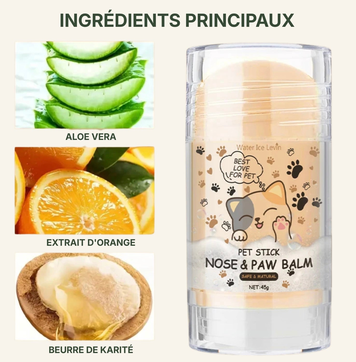 Illustration des ingrédients naturels du baume Dog Rider : Aloe vera, extrait d'orange et beurre de karité.