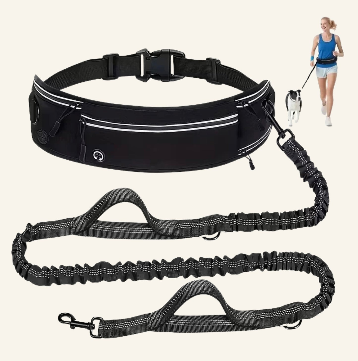 Ensemble laisse élastique anti-chocs et ceinture de jogging noire avec pochette de rangement Dog Rider