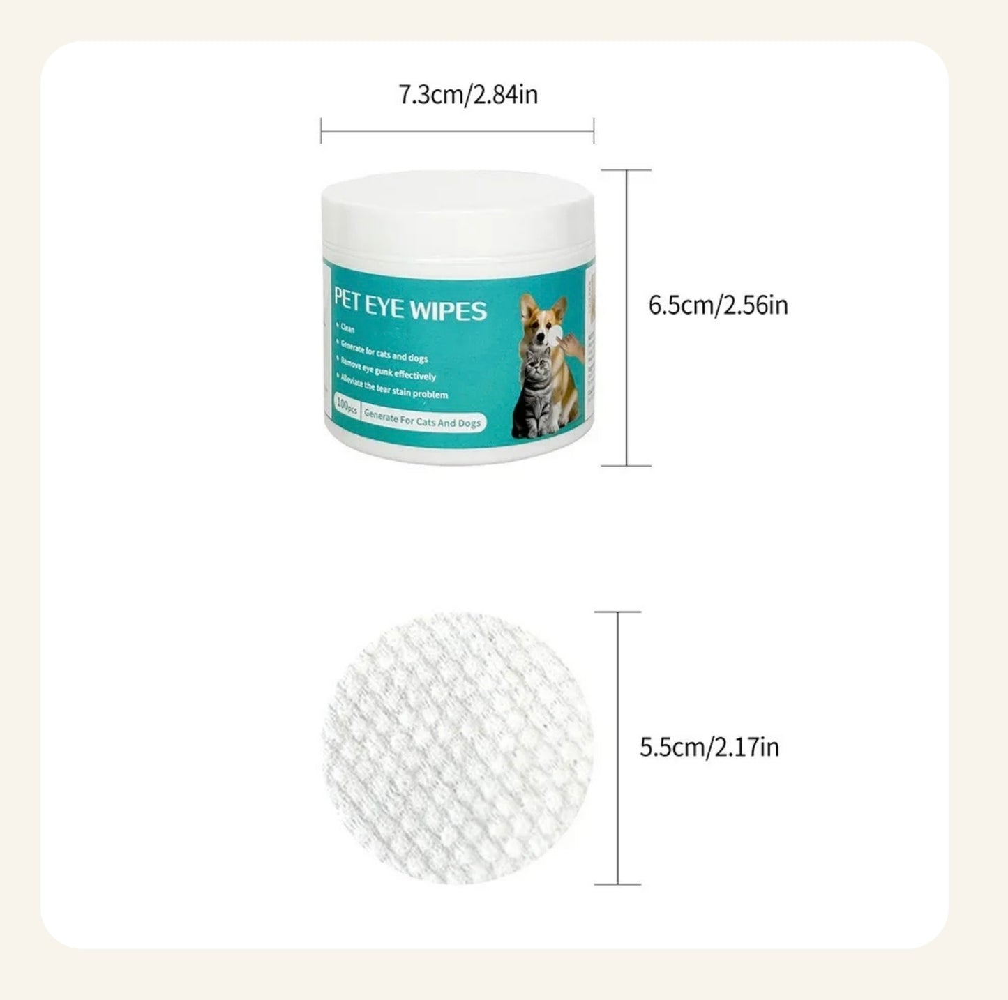 Pot de lingettes nettoyantes pour les yeux de chien Dog Rider présenté avec une lingette ronde texturée