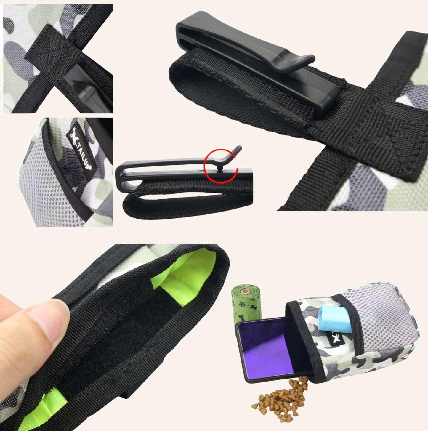 Gros plan sur le système de fermeture velcro et l'attache ceinture du sac à friandises Dog Rider.