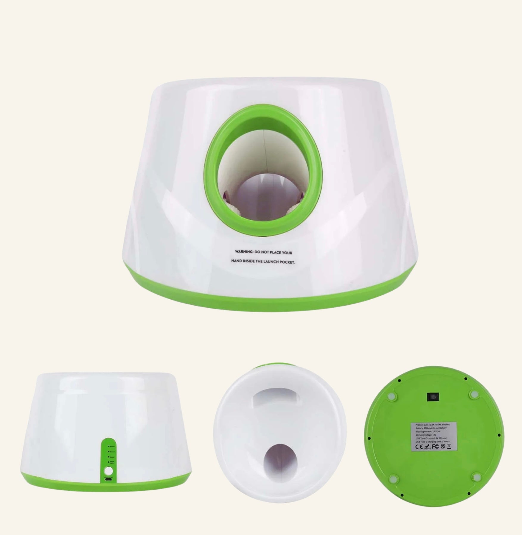 Gros plan du lanceur de balle automatique Dog Rider avec batterie rechargeable intégrée.