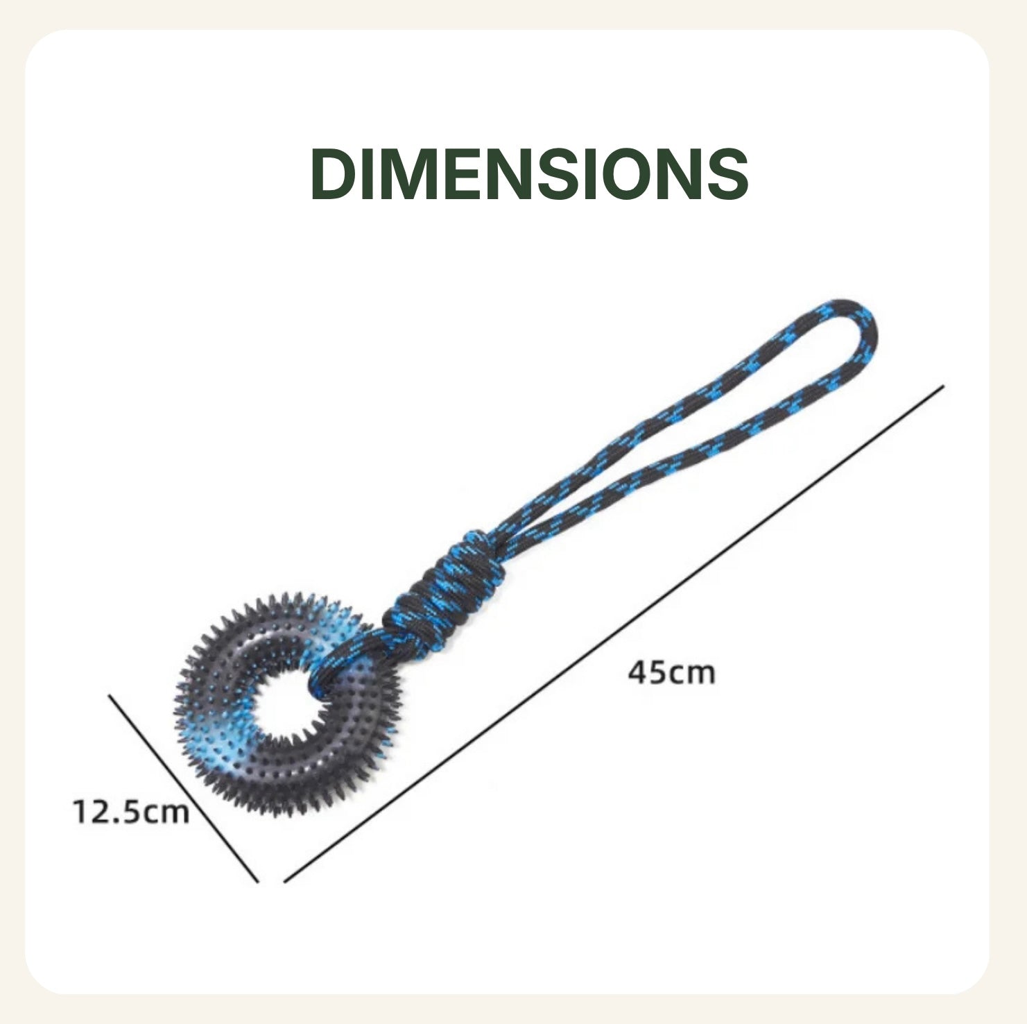 Schéma des dimensions et caractéristiques de l'anneau à picots et corde de traction Dog Rider.