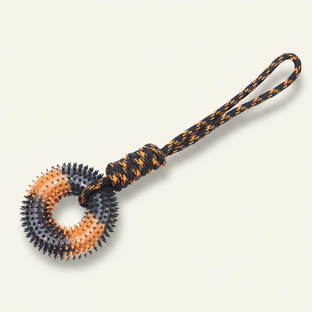 Anneau à picots en caoutchouc orange et noir avec corde de traction résistante pour chien Dog Rider