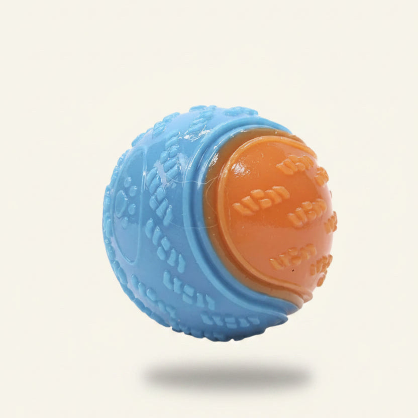 Balle de jeu pour chien Dog Rider bicolore, bleue et orange.