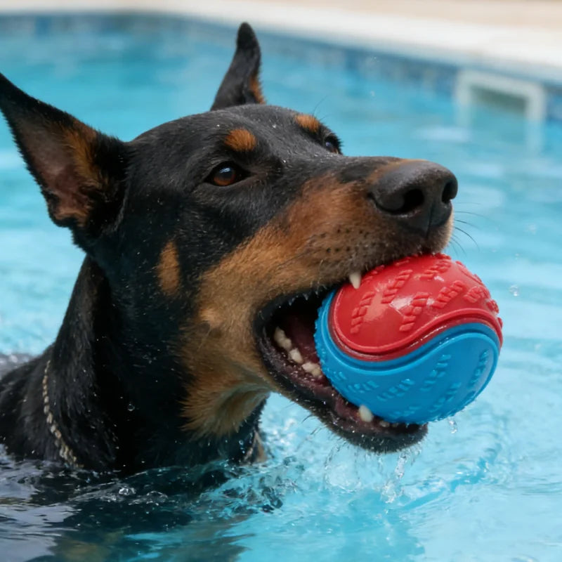Chien attrapant une balle de jeu élastique Dog Rider dans une piscine.