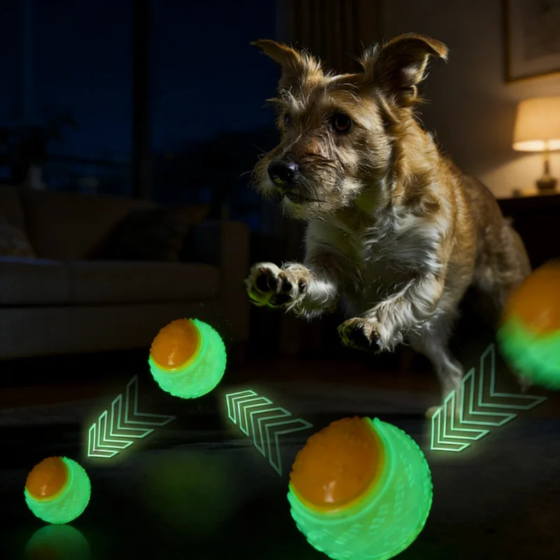 Balle de jeu élastique Dog Rider phosphorescente utilisée pendant la nuit.