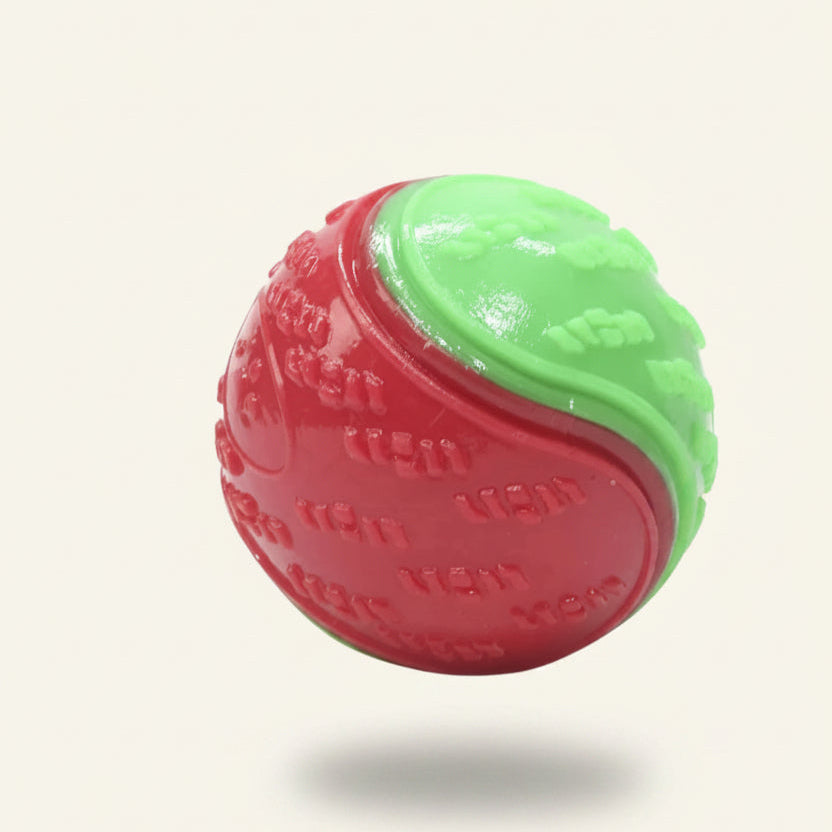 Balle de jeu pour chien Dog Rider bicolore, verte et rouge.
