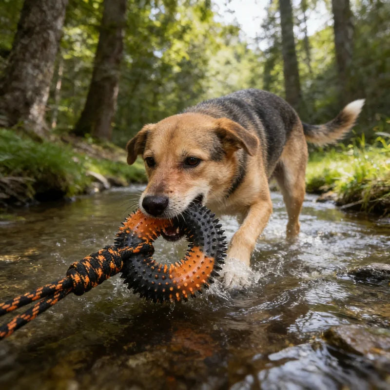 Chien actif mordillant son anneau à picots et corde de traction dans un environnement naturel Dog Rider