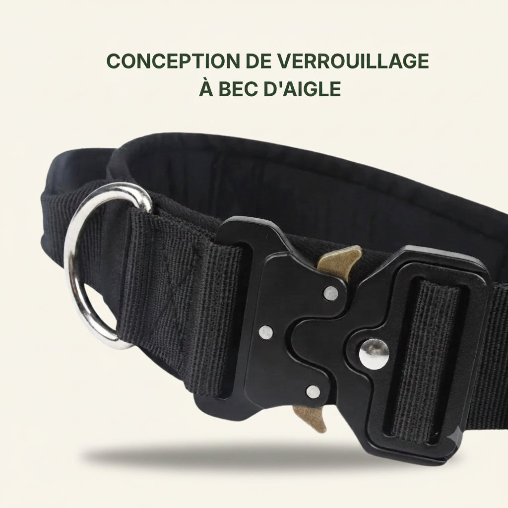 Gros plan sur le système de verrouillage à bec d’aigle du collier pour chien tactique Dog Rider