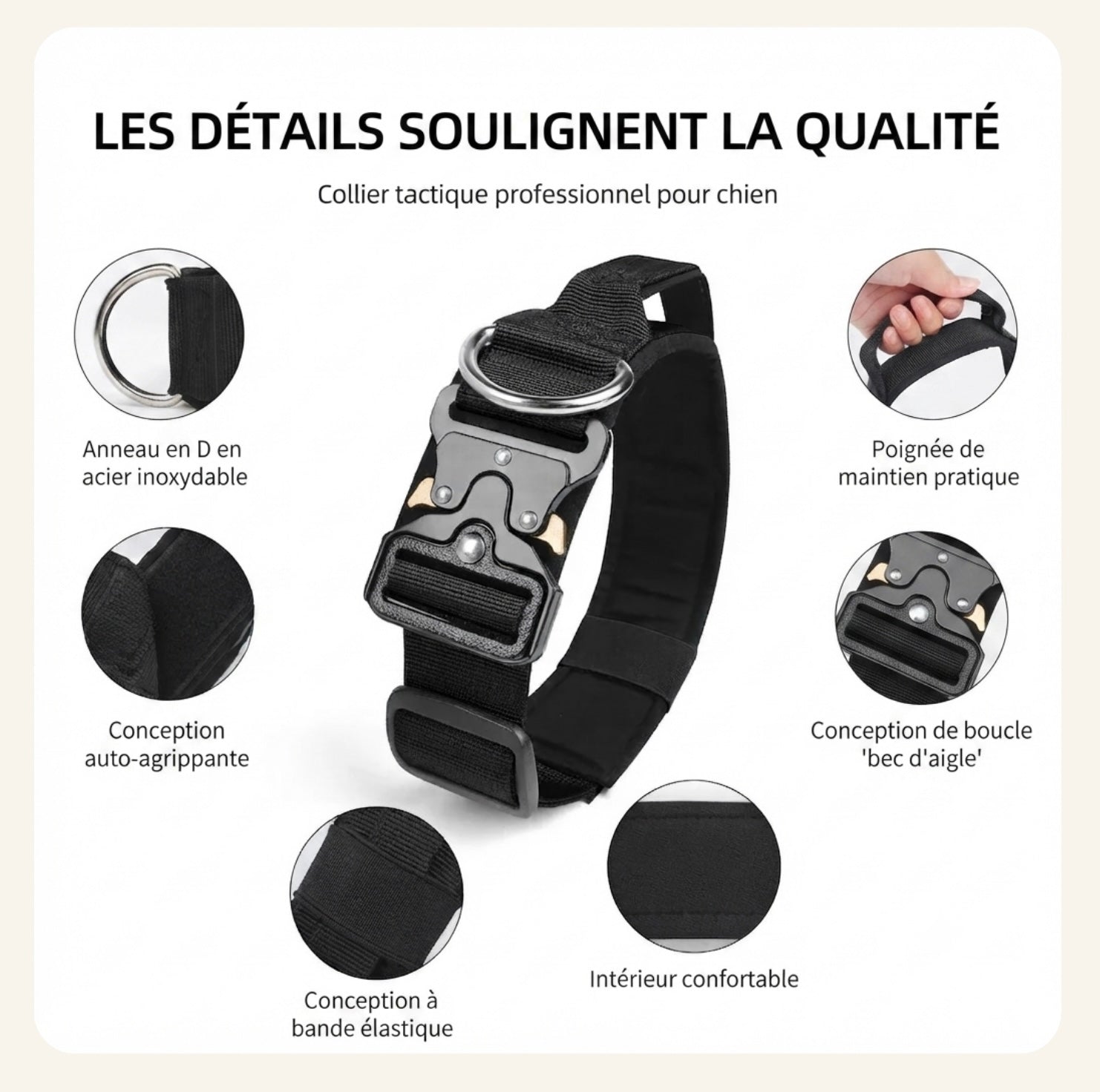 Détails de la boucle et de la qualité de fabrication du collier pour chien tactique Dog Rider