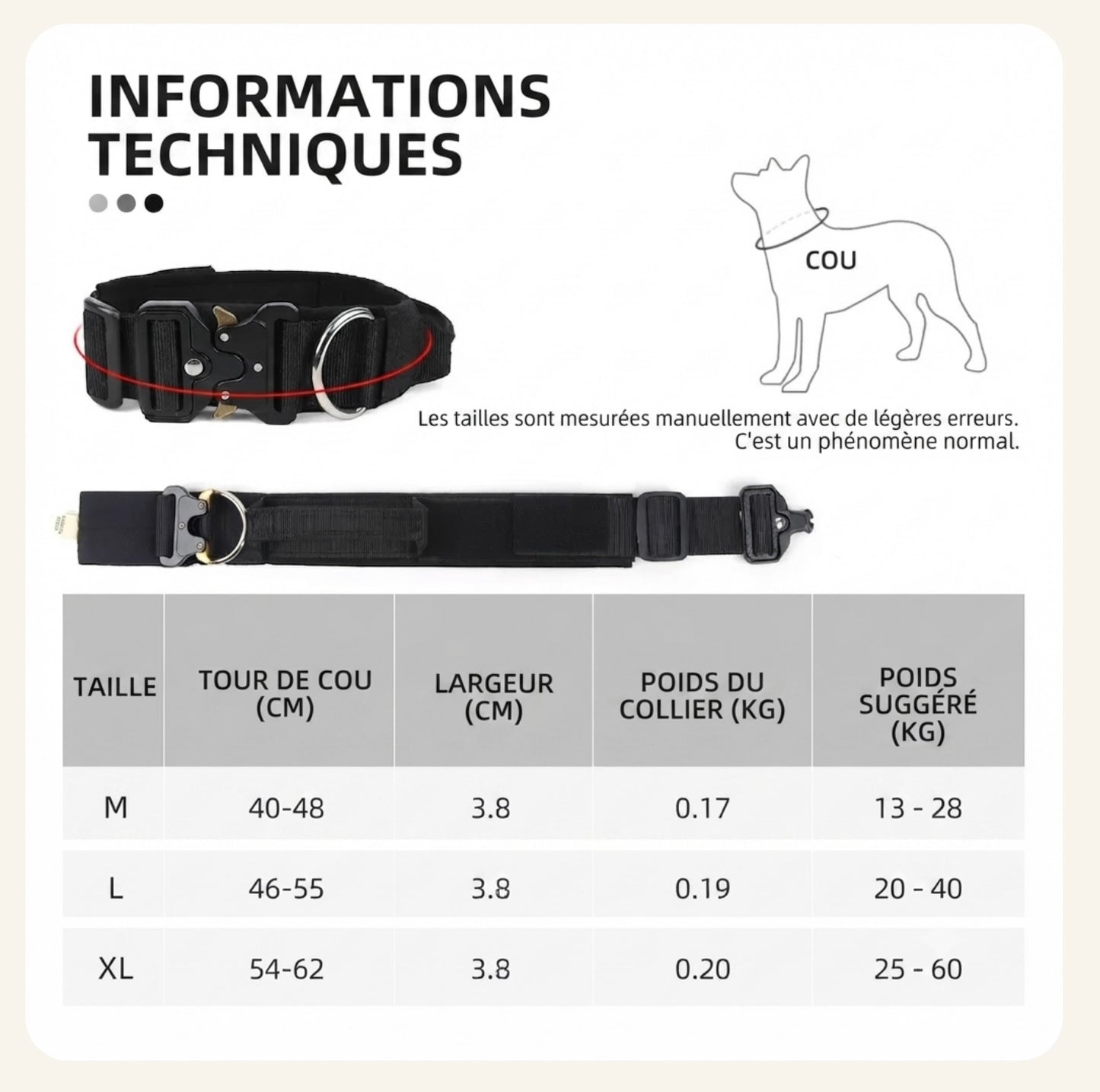 Tableau des tailles du collier pour chien tactique Dog Rider : M, L, XL