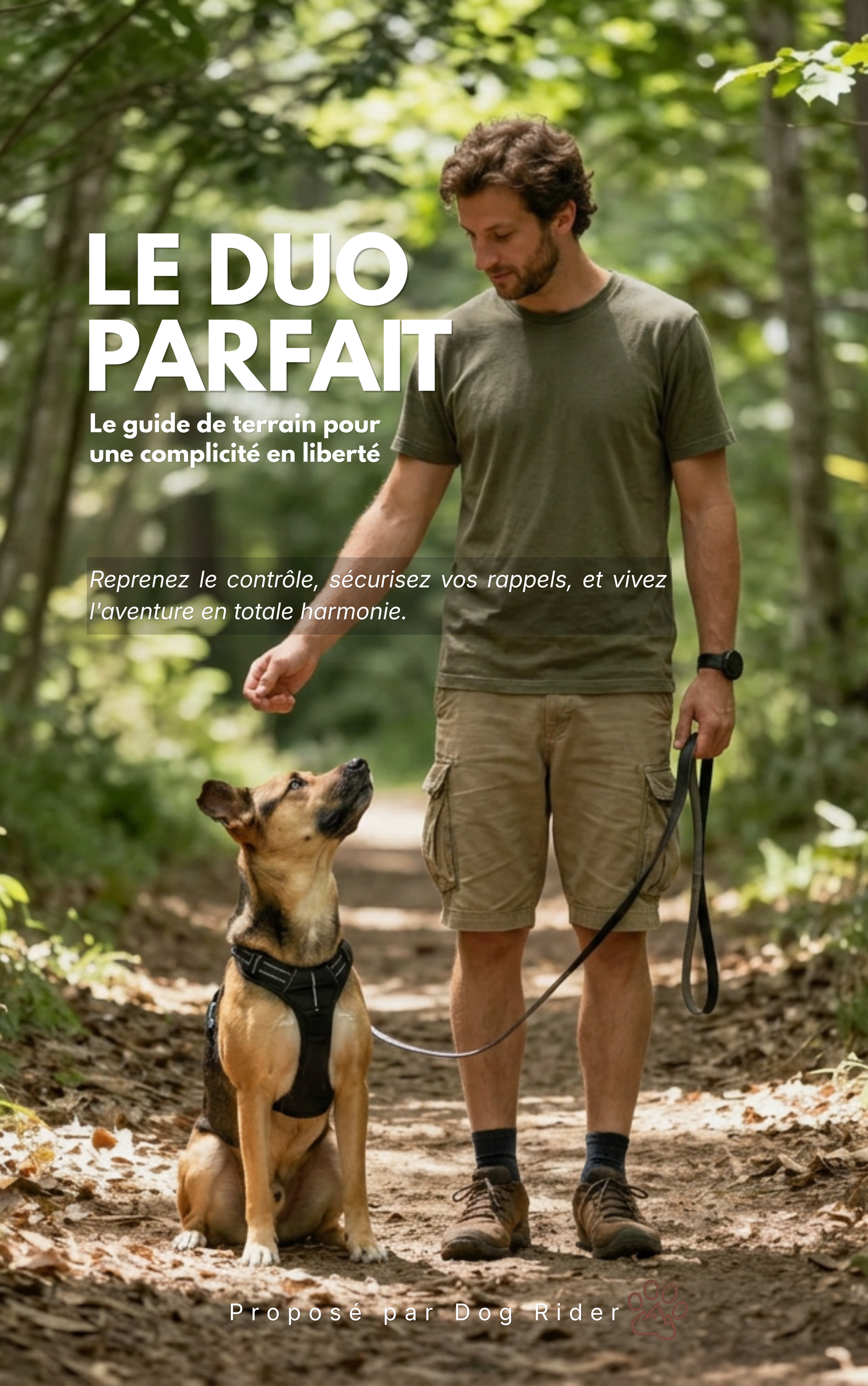 Couverture du guide pratique 'Le Duo Parfait' de Dog Rider : un randonneur avec un sac à dos regarde son chien de type berger portant un harnais tactique sur un sentier forestier ensoleillé