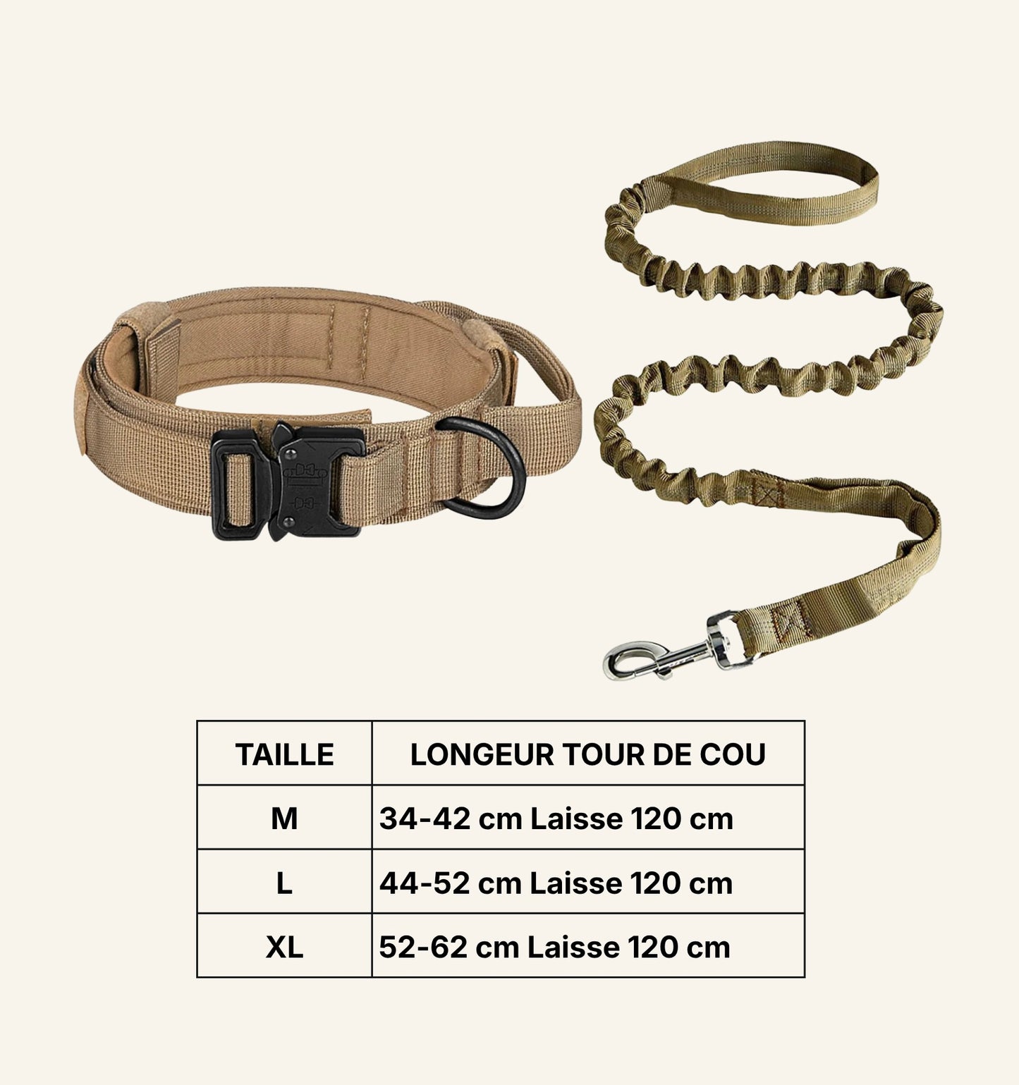 Gros plan sur le système de fermeture renforcé du collier tactique beige Dog Rider.