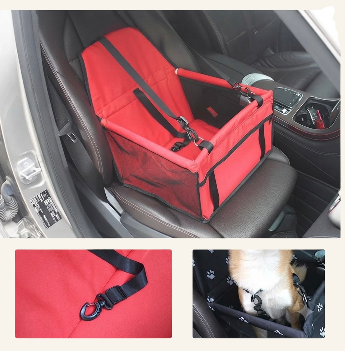 Gros plan sur les sangles et boucles de fixation sécurisées du siège auto Dog Rider