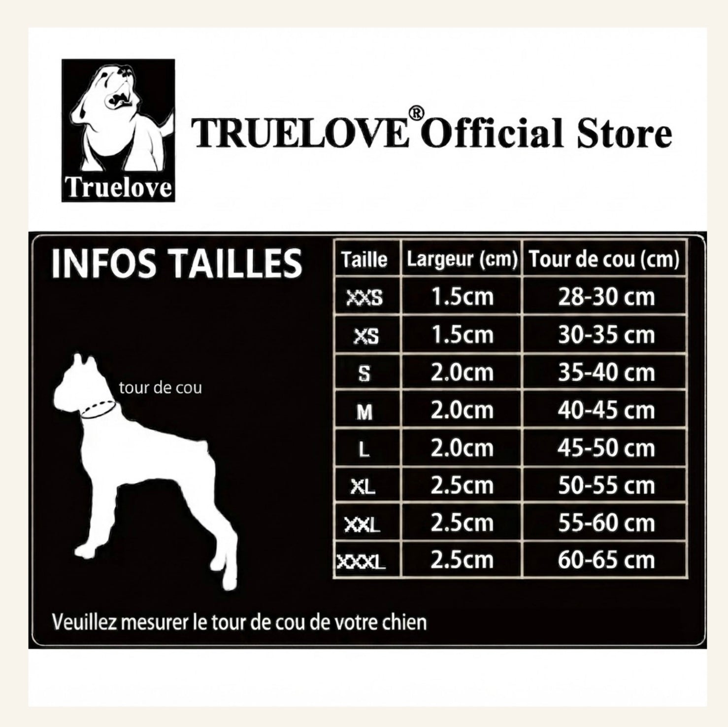 Tableau et guide des tailles pour collier de chien Dog Rider