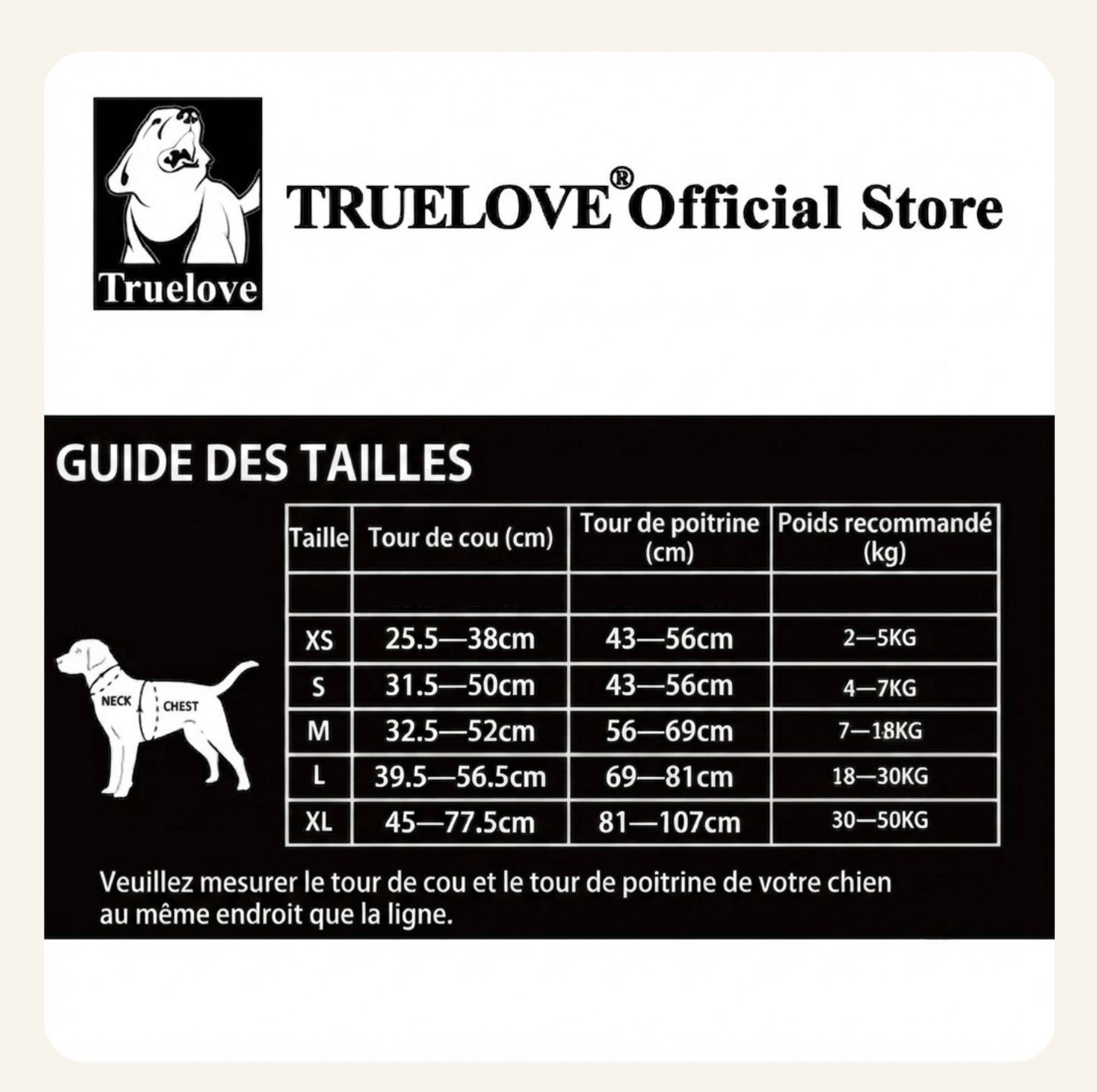 Tableau et guide des tailles pour harnais de chien Dog Rider