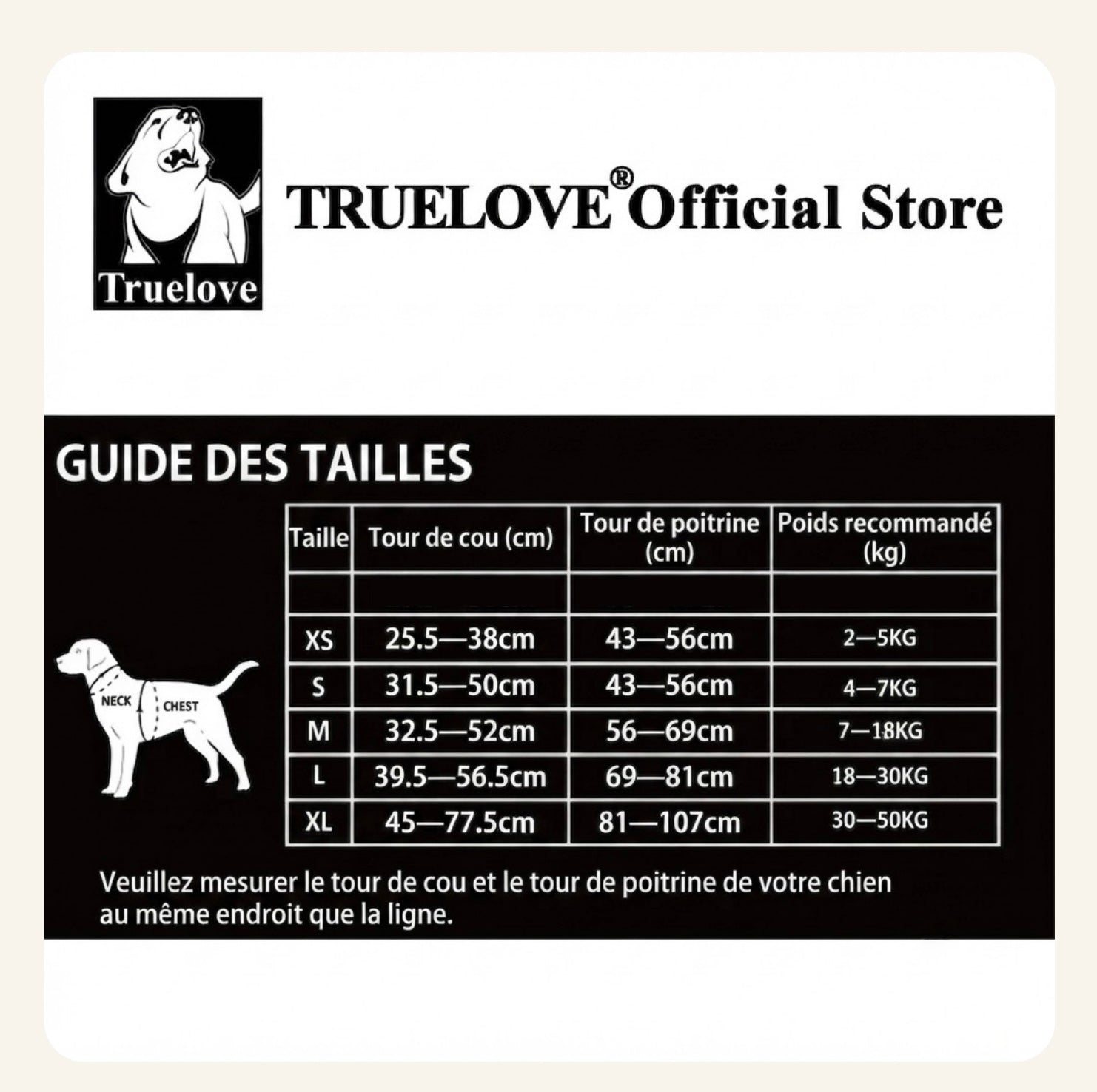 Tableau et guide des tailles pour harnais de chien Dog Rider