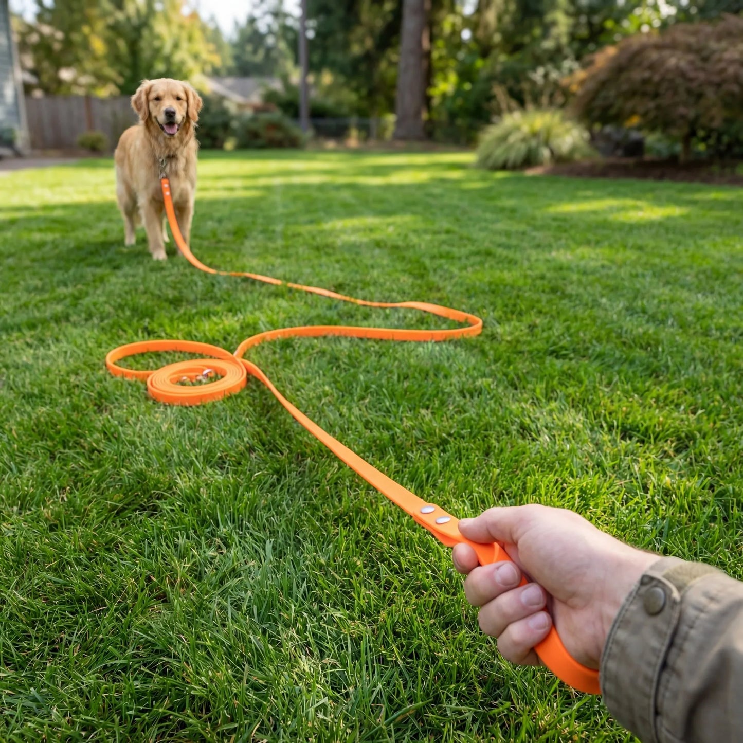 Chien en balade avec la laisse cloutée orange Dog Rider sur pelouse