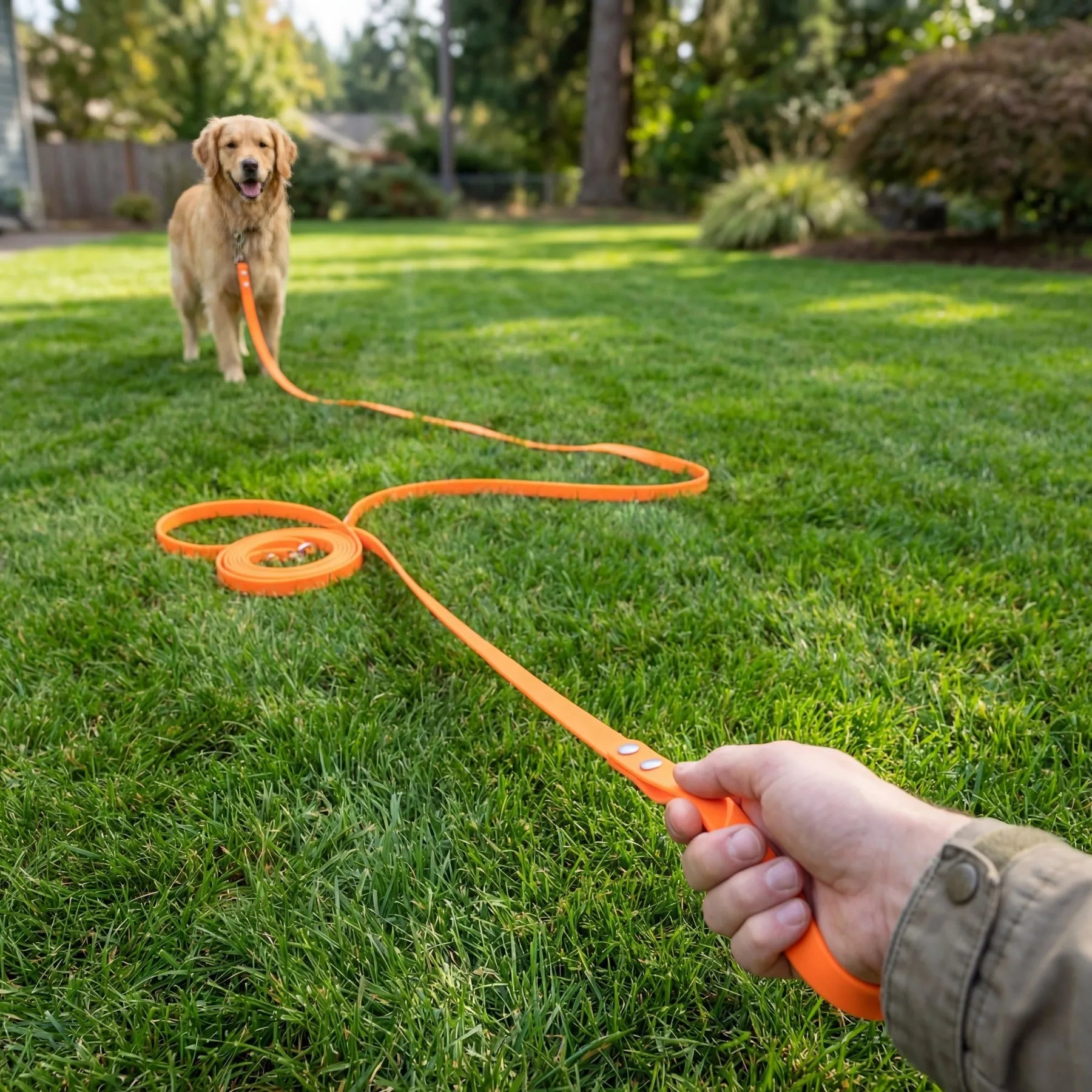 Chien en balade avec la laisse cloutée orange Dog Rider sur pelouse
