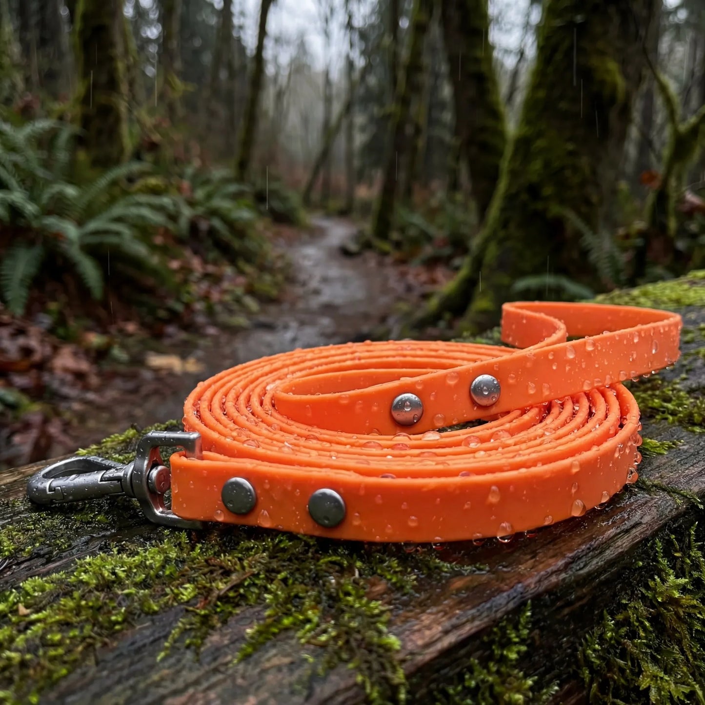 Laisse pour chien cloutée Dog Rider coloris orange, posée en extérieur