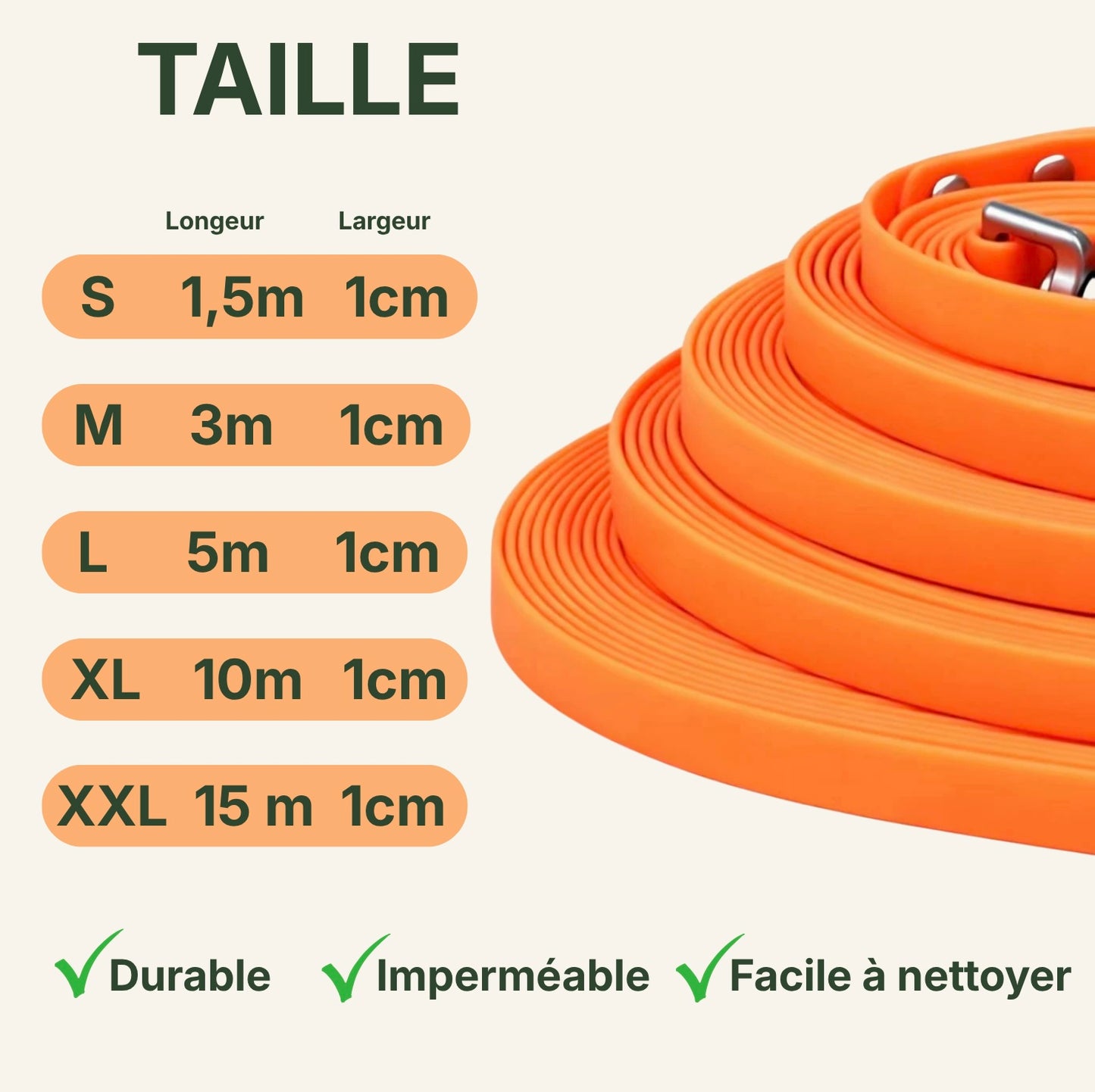 Tableau des tailles de la laisse pour chien cloutée Dog Rider : S, M, L, XL, XXL