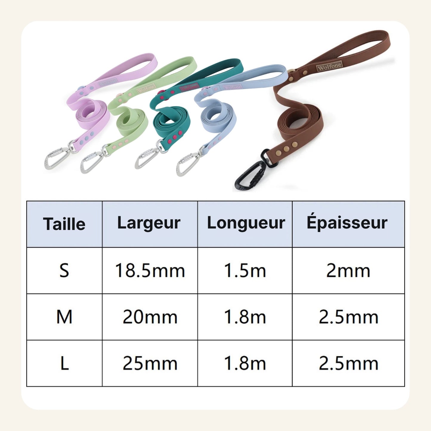 Tableau des tailles de la laisse pour chien à poignée rembourrée Dog Rider : largeur, longueur et épaisseur