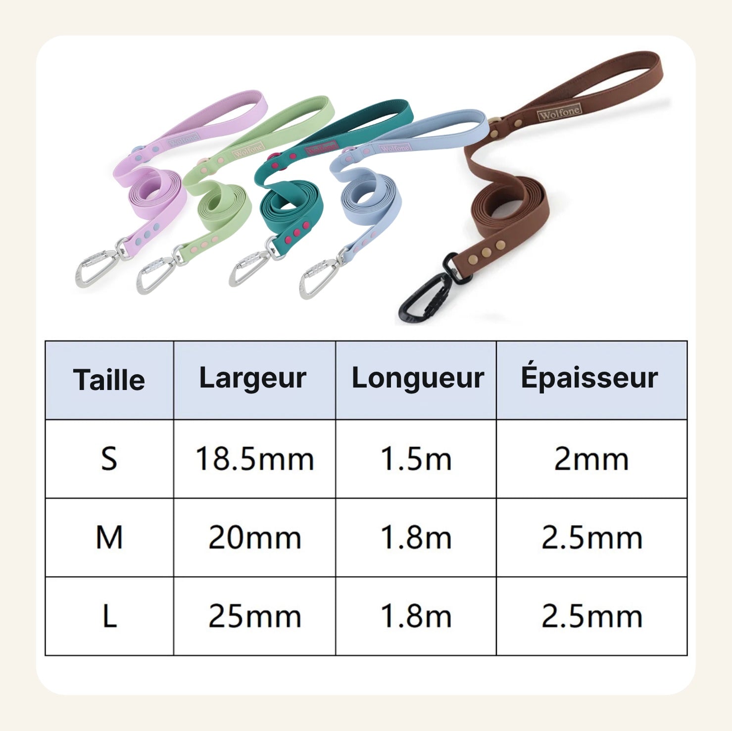 Tableau des tailles de la laisse pour chien à poignée rembourrée Dog Rider : largeur, longueur et épaisseur
