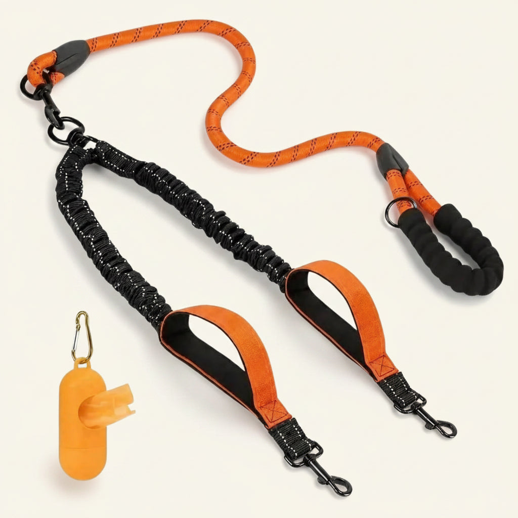 Laisse double orange pour deux chiens avec poignées rembourrées et coutures réfléchissantes Dog Rider