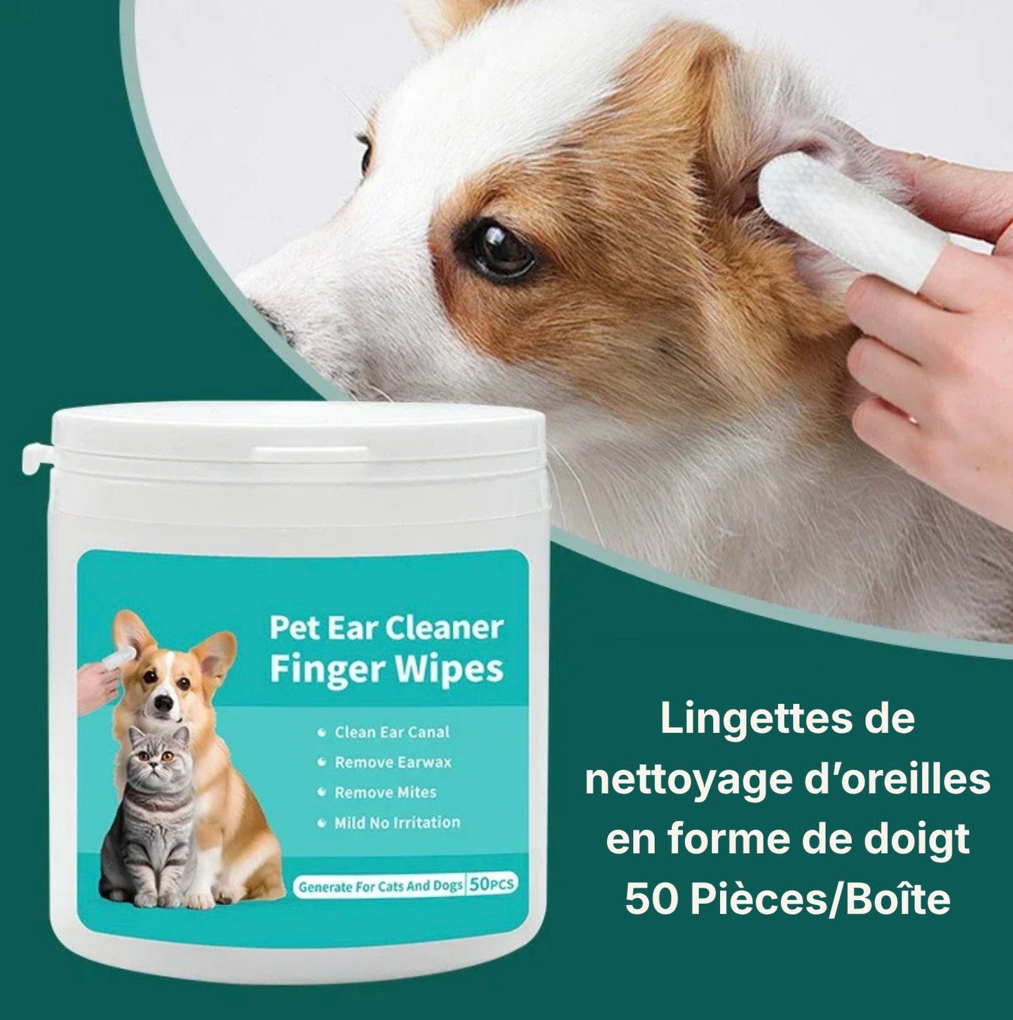 Pot de lingettes nettoyantes pour les oreilles d'animaux de compagnie Dog Rider. Contient 50 lingettes en forme de doigt pour chiens et chats. Emballage vert et blanc avec photo d'un chiot