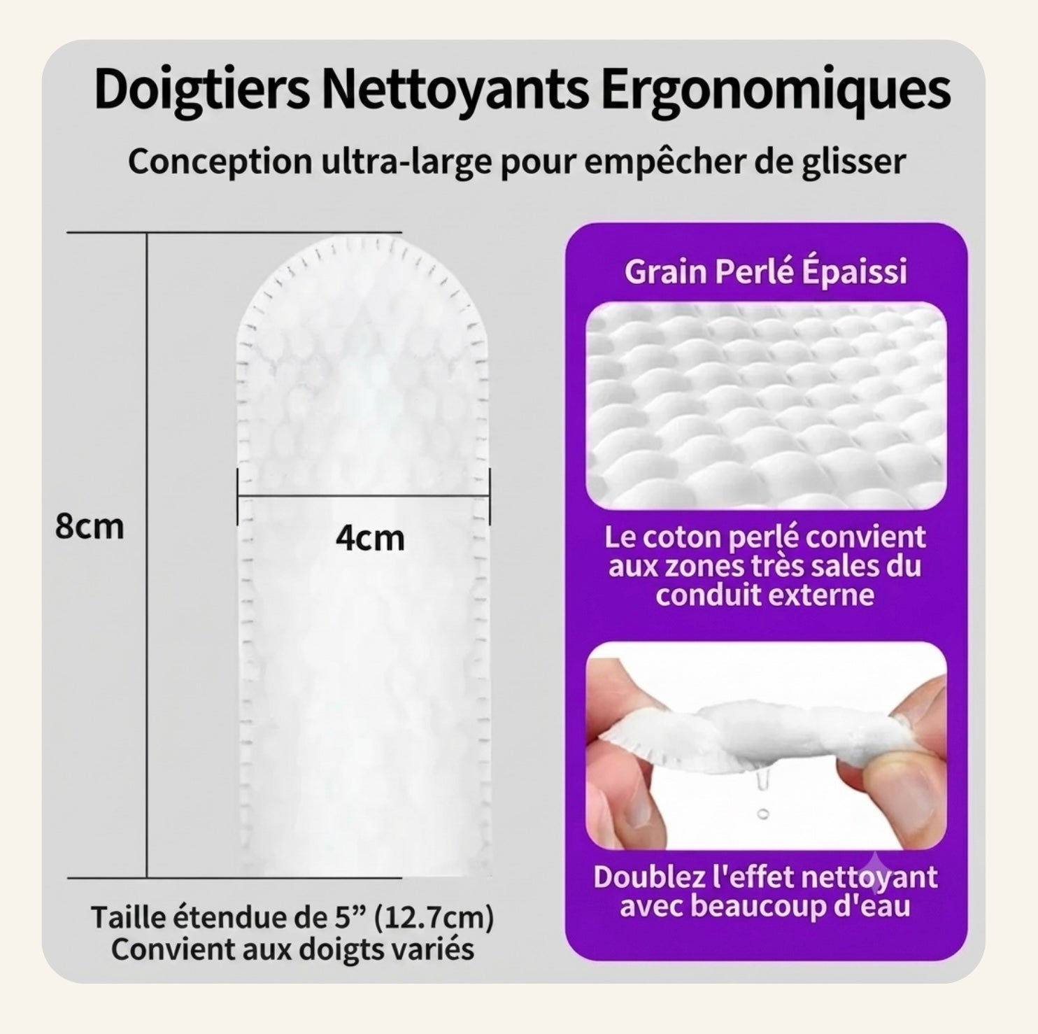 Infographie détaillée montrant l'utilisation ergonomique des lingettes nettoyantes pour oreilles en forme de doigt de la marque Dog Rider. Dimensions et description des bénéfices des 50 pièces